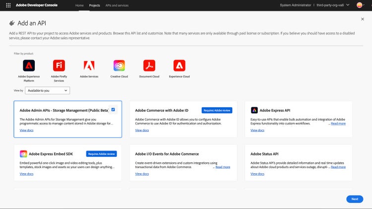 Pick Adobe Admin APIs - Storage Management option