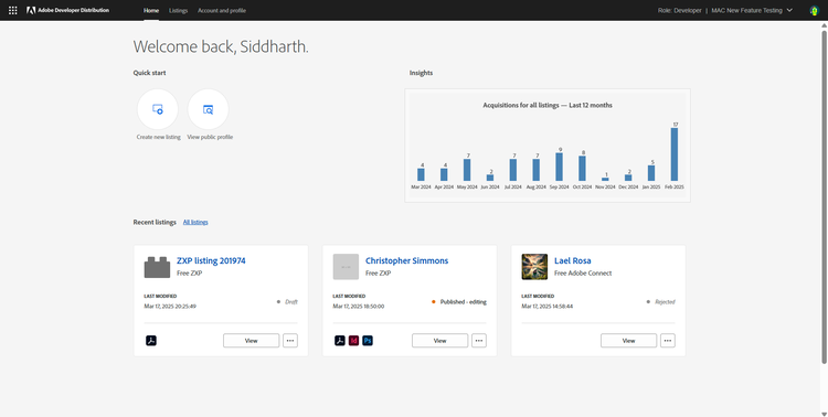 Screenshot of initiating a new listing in Developer Distribution