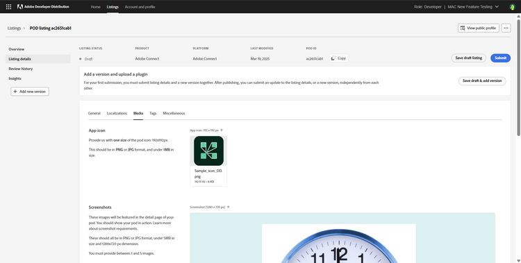 Screenshot of listing details page - Media