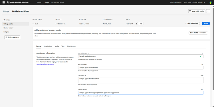 Screenshot of listing details page - General
