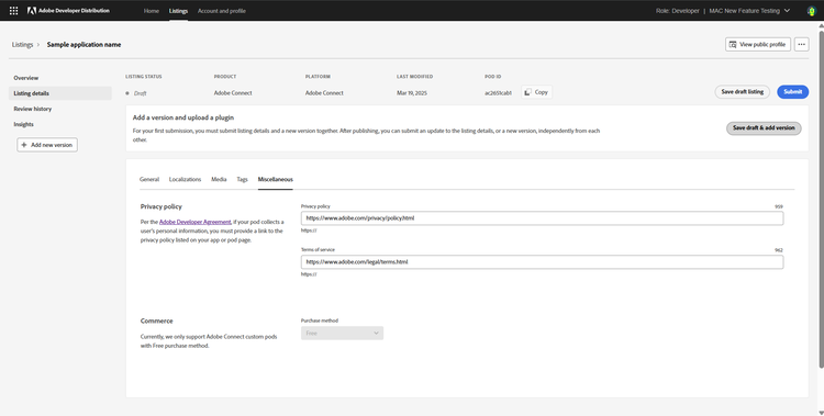 Screenshot of listing details page - Miscellaneous