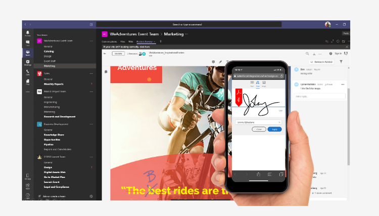 Mobile phone utilizing Adobe Sign that seamlessly transitions to Microsoft Teams. 