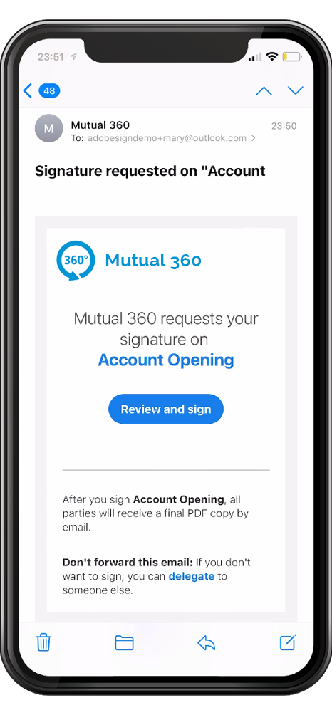 Mobile phone screen with description of Mutual 360 using Adobe Sign API. 