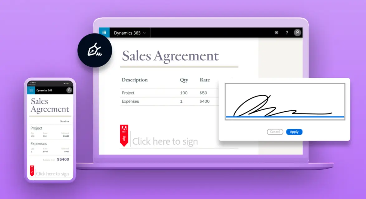 Computer and mobile phone showing a sales agreement using Adobe Sign. 