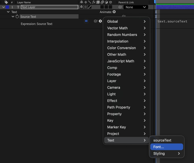 After Effects Timeline showing a text layer's Source Text expression field and the Expression Language menu with Text > Font… selected to insert font-related expression syntax.