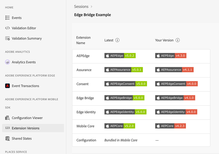 Extension view in the Assurance interface
