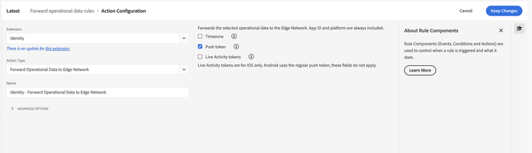Identity action configuration with Forward Operational Data to Edge Network and Push token selected.