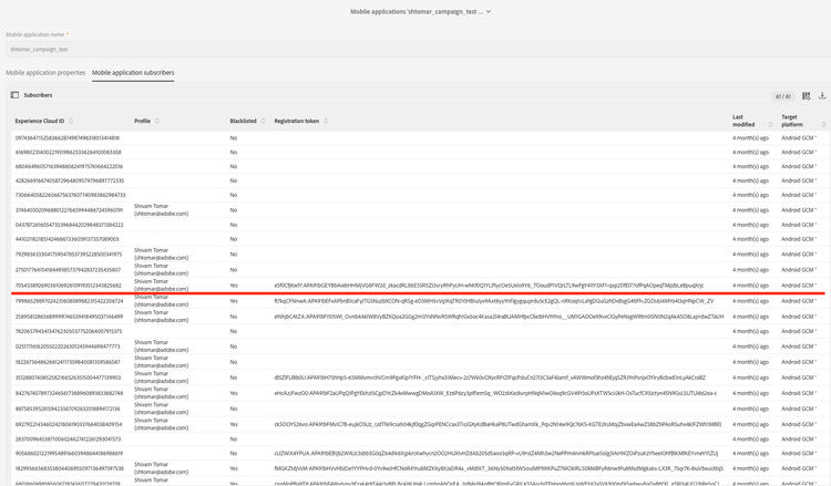 App subscriber list, verify mid and push token