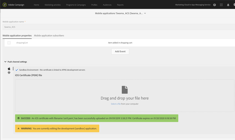 Configured push certificate in Campaign