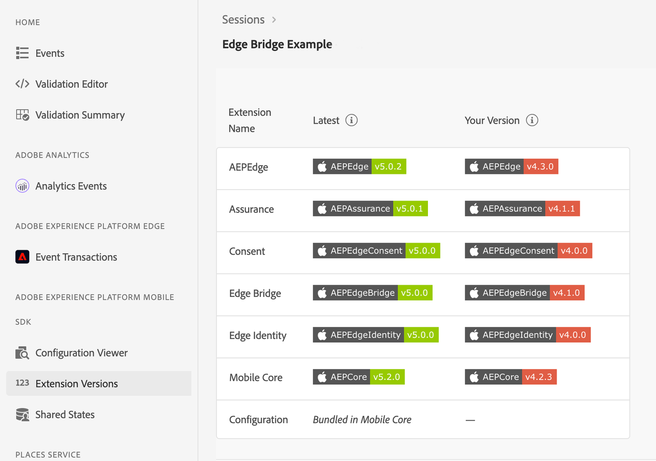 Extension view in the Assurance interface