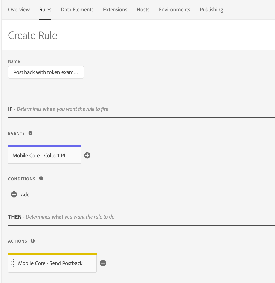 Rule example using Collect PII event and Postback action