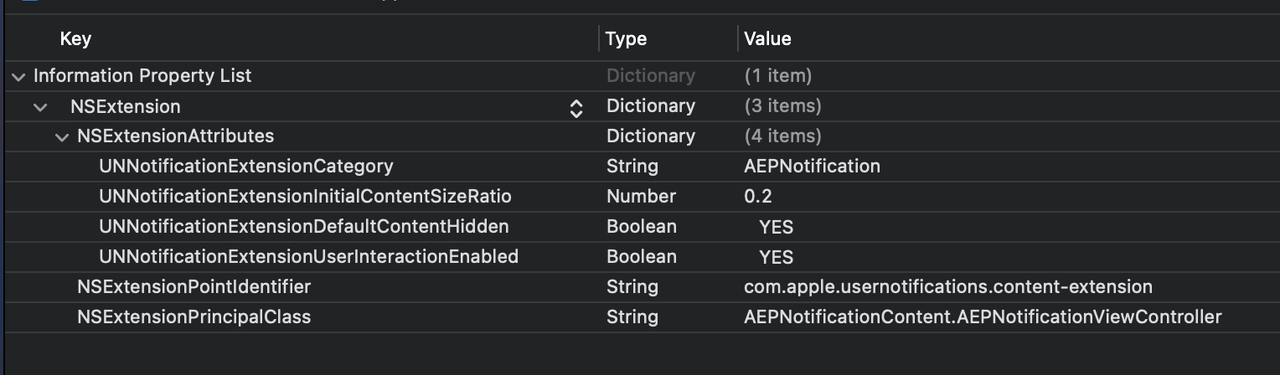 configure notification content extension plist