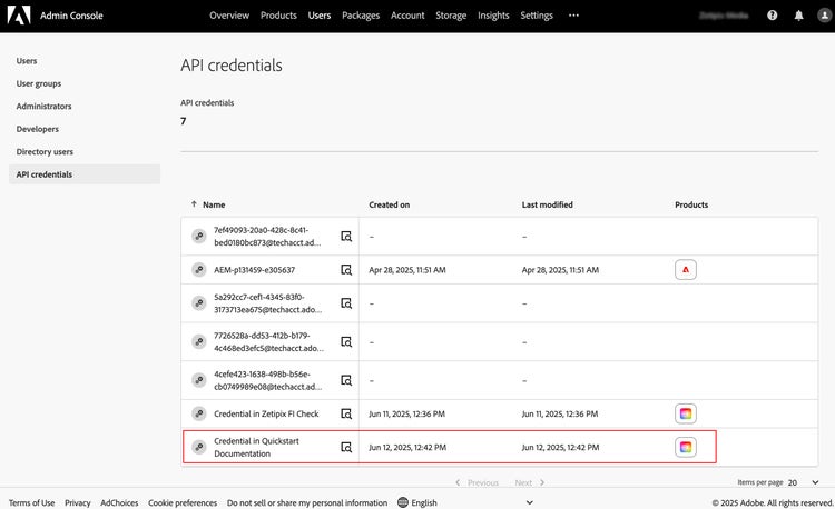 API credential list