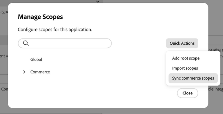 Manage Scopes Quick actions menu with Sync commerce scopes