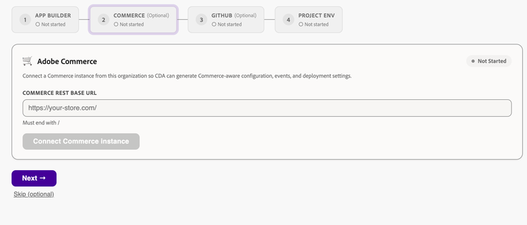 Commerce step on the Integrations tab
