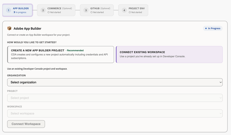 Create a new App Builder project on the Integrations tab