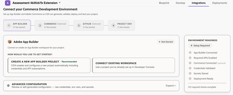 Integrations tab in the Commerce Developer Agent
