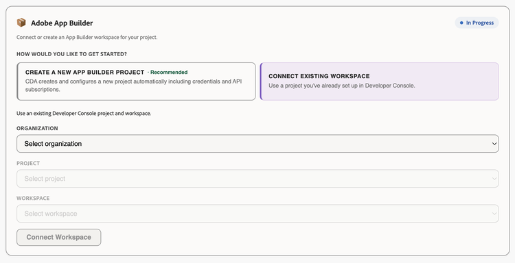 Connect an existing App Builder workspace on the Integrations tab