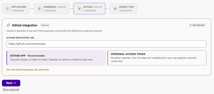 GitHub step on the Integrations tab