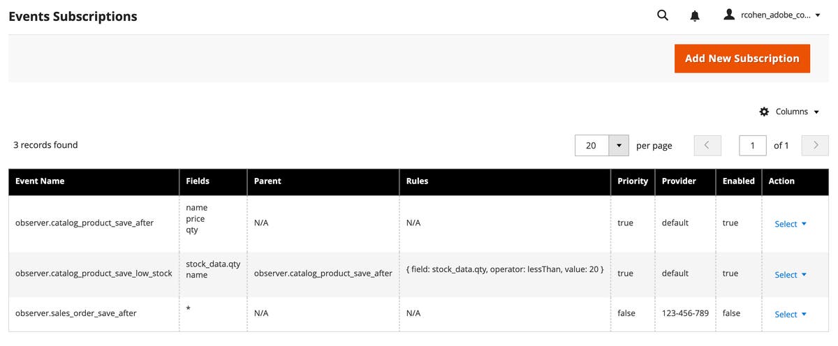 Create event subscriptions from the Admin