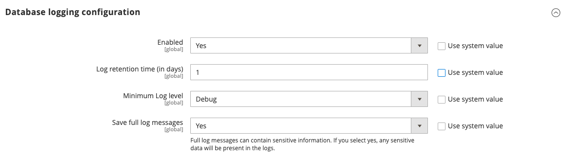 Webhooks database logging configuration