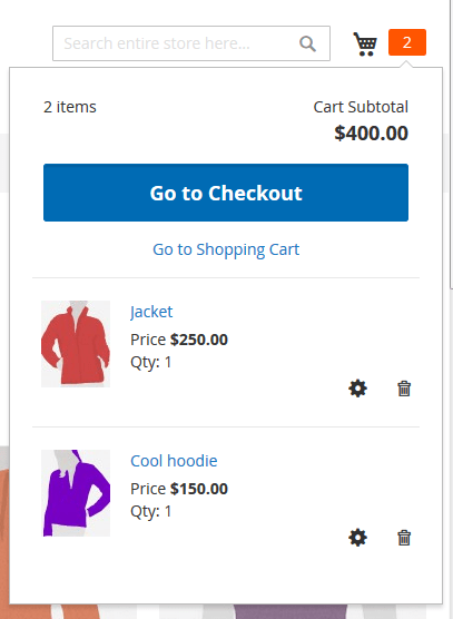 An image of a mini shopping cart where products are listed under the Go to Checkout button
