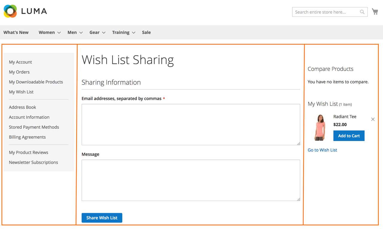 Wish List Sharing. 3 columns layout page type