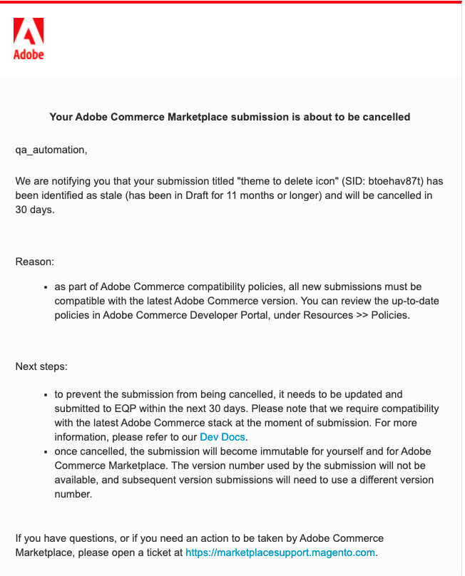 Example delisting notification from the marketplace