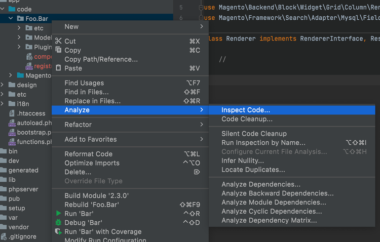 Run inspect code from context menu