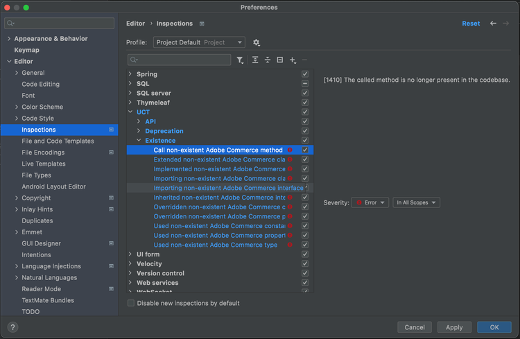 UCT inspections settings