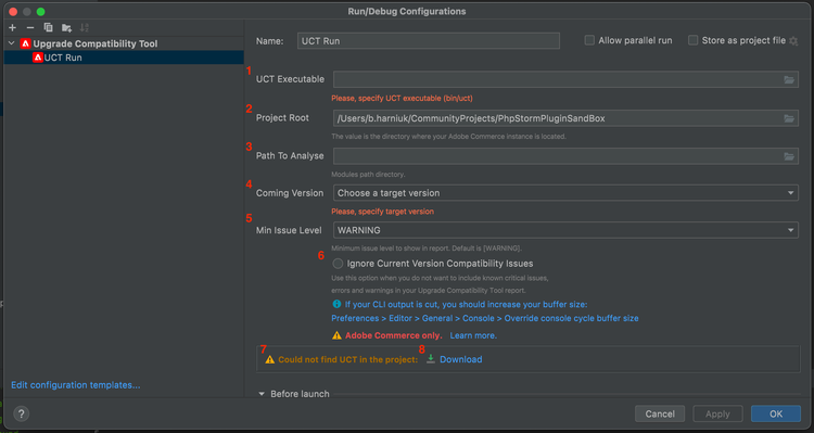 UCT run configuration template view