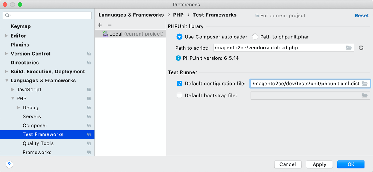 PhpStorm PHPUnit preference panel