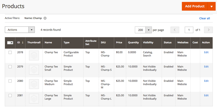 Product page with configurable and simple products
