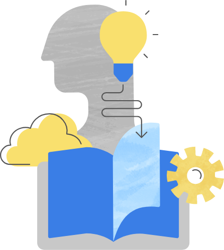 The silhouette of a head in front of an open book with a cloud, wheel spoke and light bulb surrounding the head.
