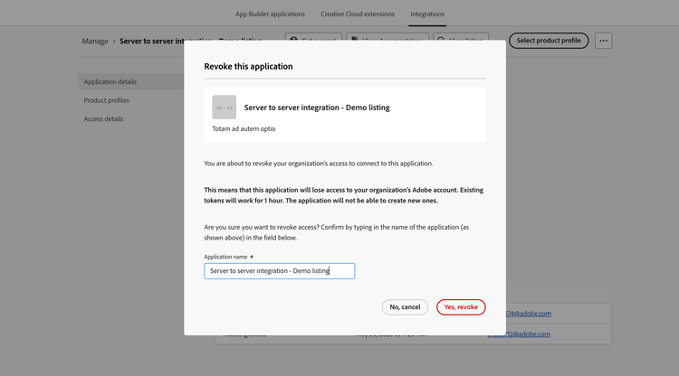 Screenshot of the Revoke this application dialog