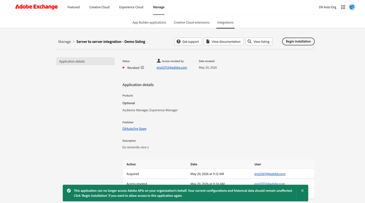 Screenshot of the integration details page showing Revoked status with revocation confirmation