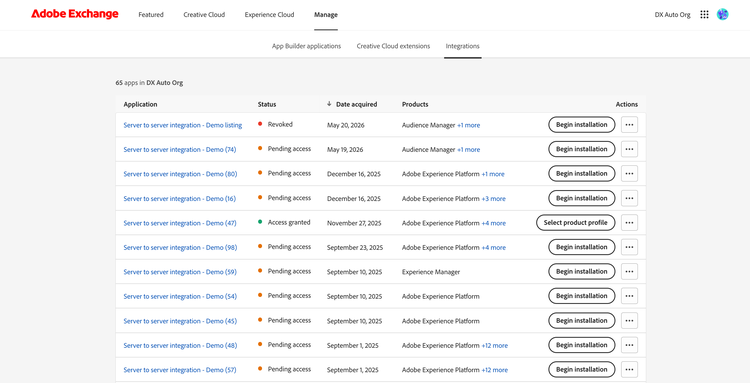 Screenshot of the Manage tab showing the Integrations list