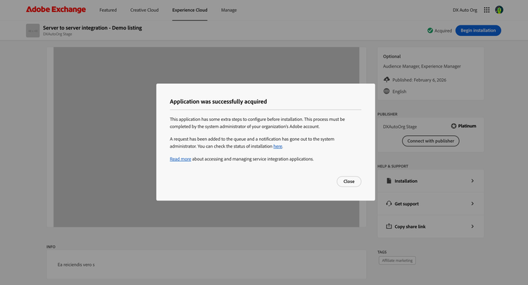 Screenshot of the Application was successfully acquired dialog for non-administrators