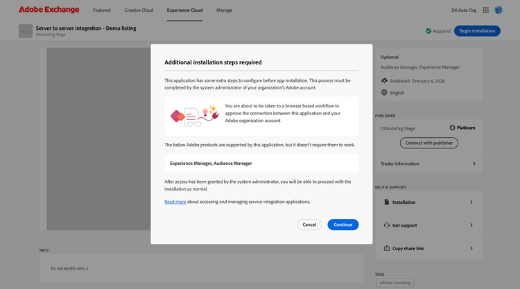 Screenshot of the Additional installation steps required dialog for administrators