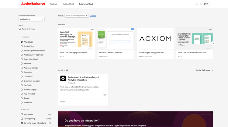 Screenshot of Adobe Exchange marketplace with Server-to-server integrations filter applied