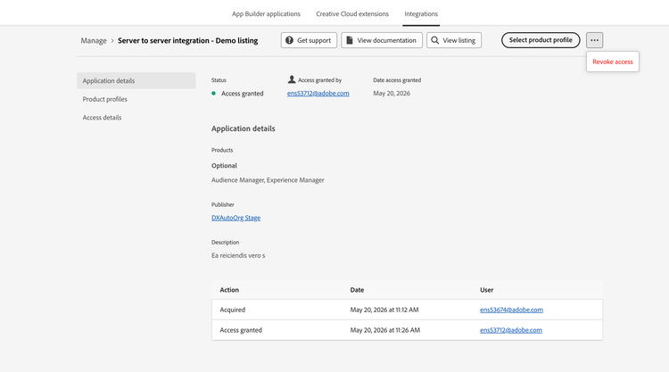 Screenshot of the integration details page showing the Revoke access option in the action menu