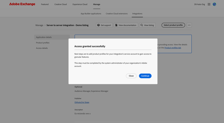 Screenshot of the Access granted successfully dialog