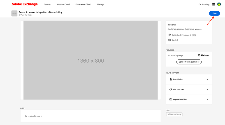 Screenshot of a server-to-server integration listing detail page