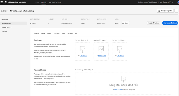 Listing details Icons tab