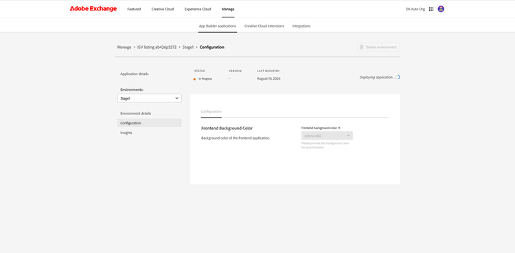 Configuration tab while the application is deploying