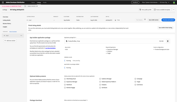 Screenshot of the Version Details page while validations are running on the uploaded package