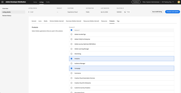 Listing details — Products tab