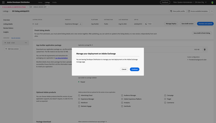 Manage your deployment on Adobe Exchange confirmation modal