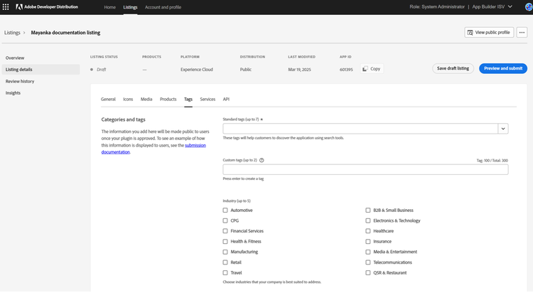 Listing details Tags tab