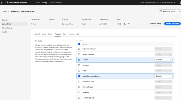Listing details Products tab